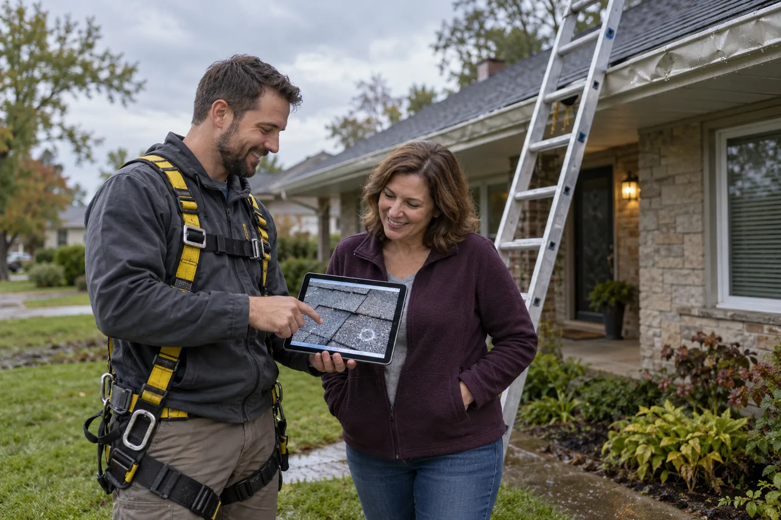Homeowner and roofing provider inspecting hail-damaged shingles on a house in Pevely